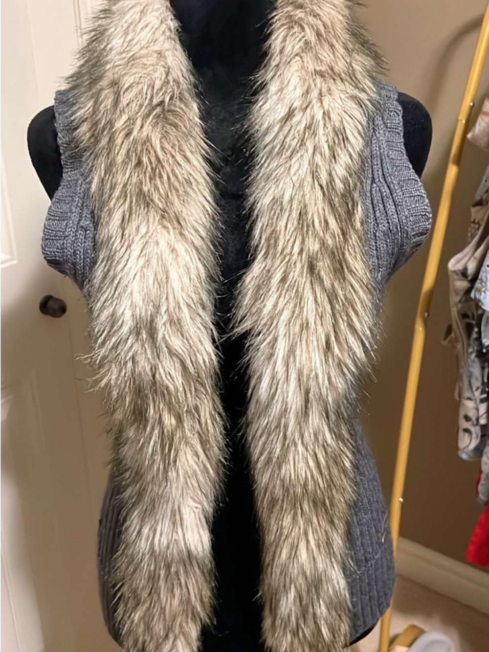 Guess Faux Fur Collar Vest in Taupe and Gray